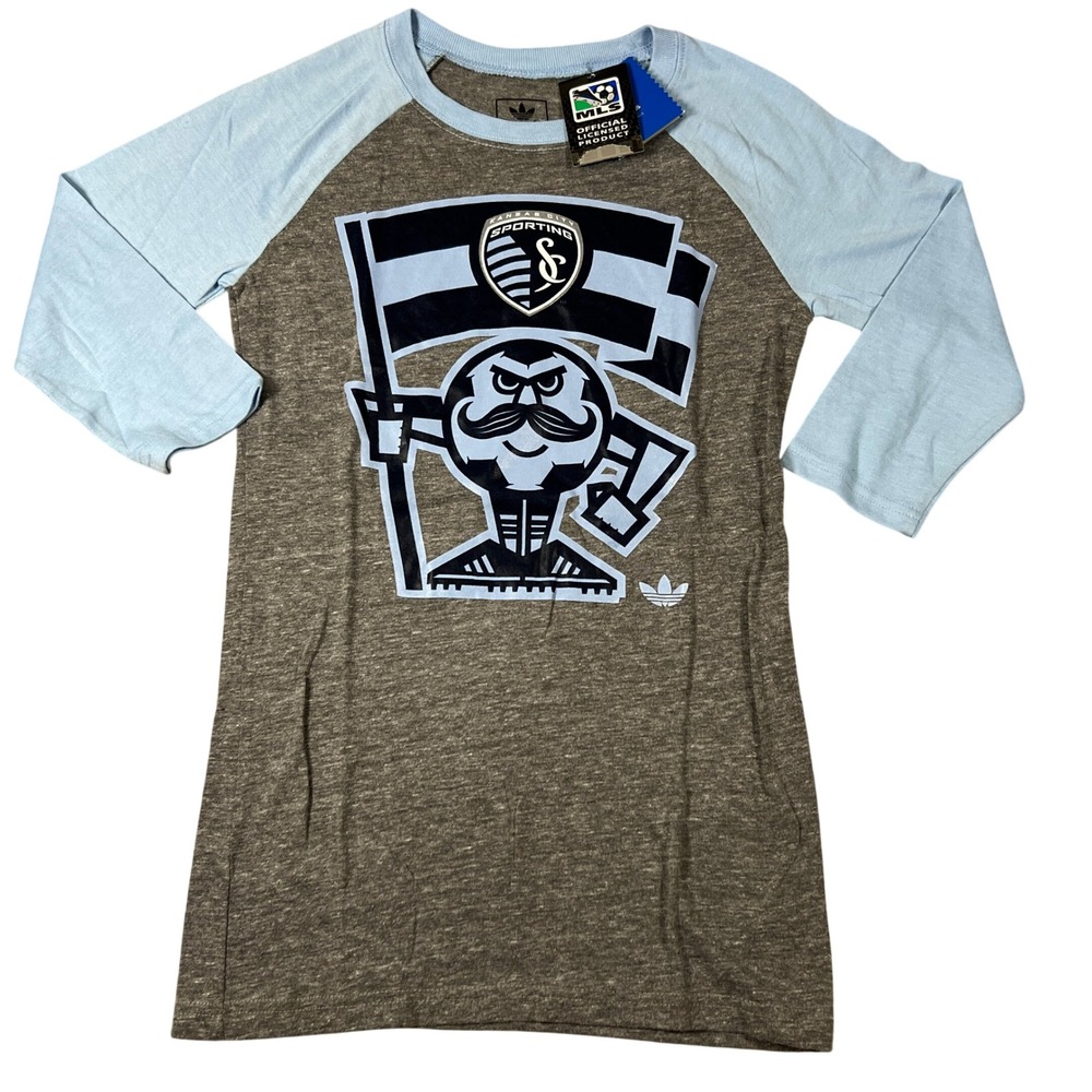 Adidas Sporting Kansas City MLS Womens Small Gray Blue 3/4 Raglan Shirt